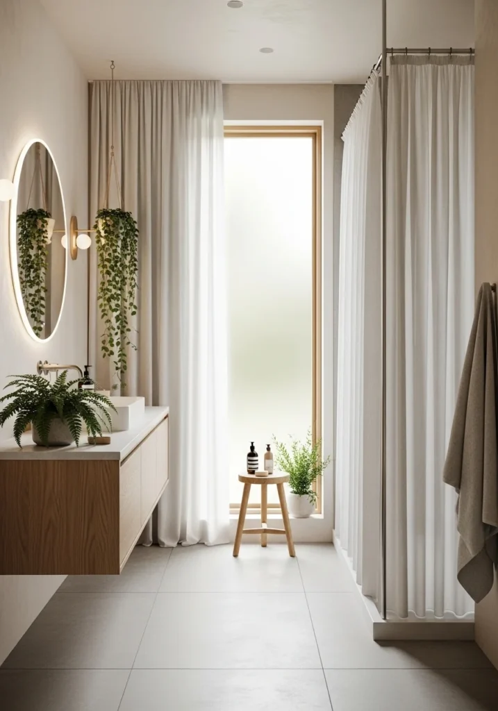 soft white linen bathroom curtain spa style airy bathroom design
