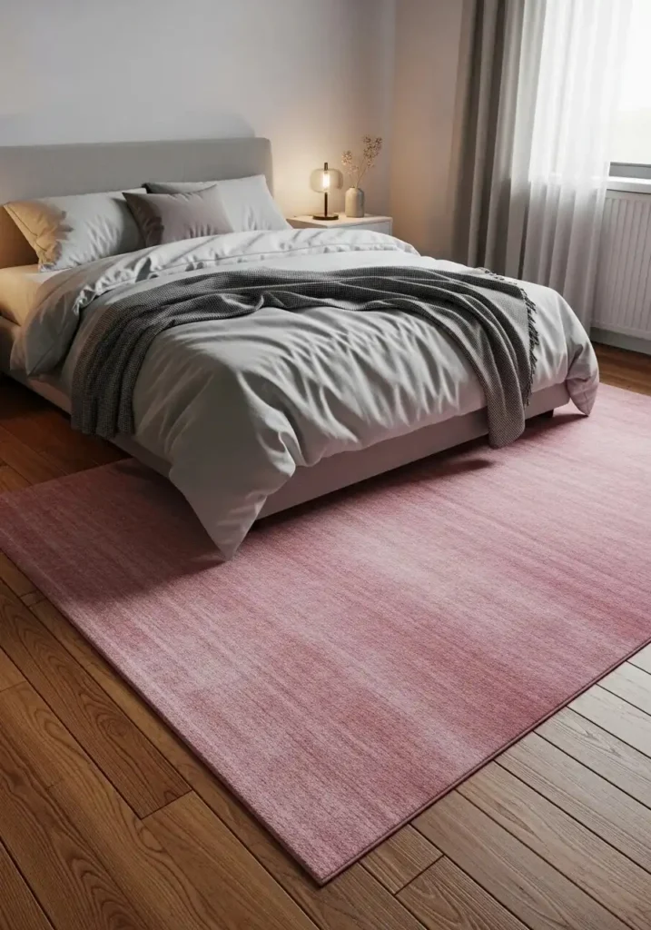 Pink area rug adding warmth and texture to a cozy bedroom