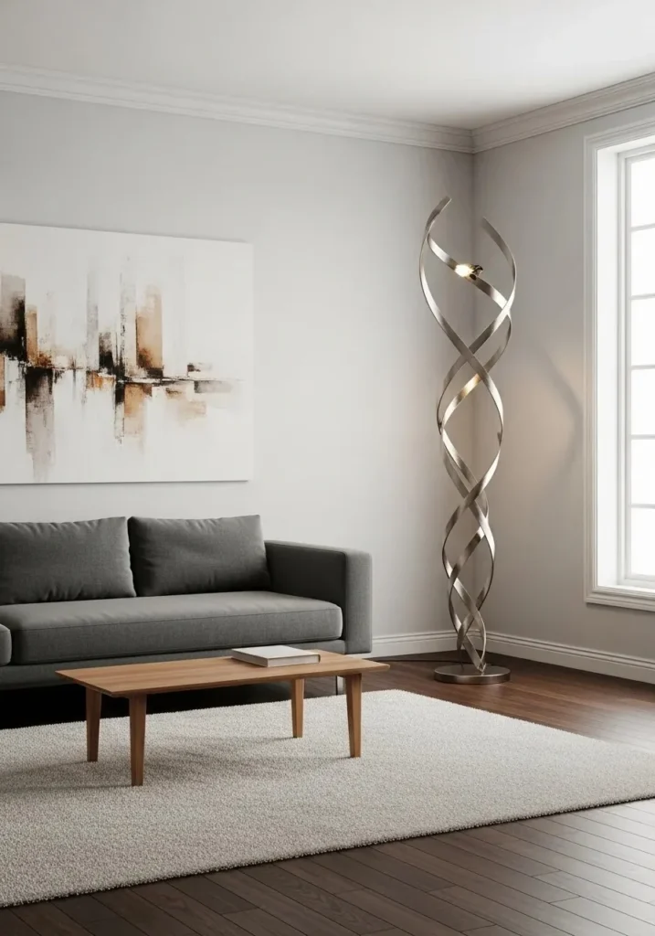 Statement floor lamp acting as focal point in living room