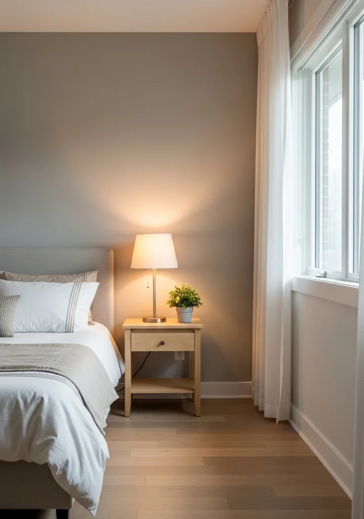 Full guest bedroom bedside table functional calm balanced cozy design