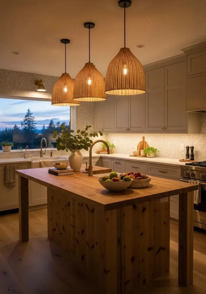 Woven rattan pendant light adding natural texture and warmth to the kitchen island.