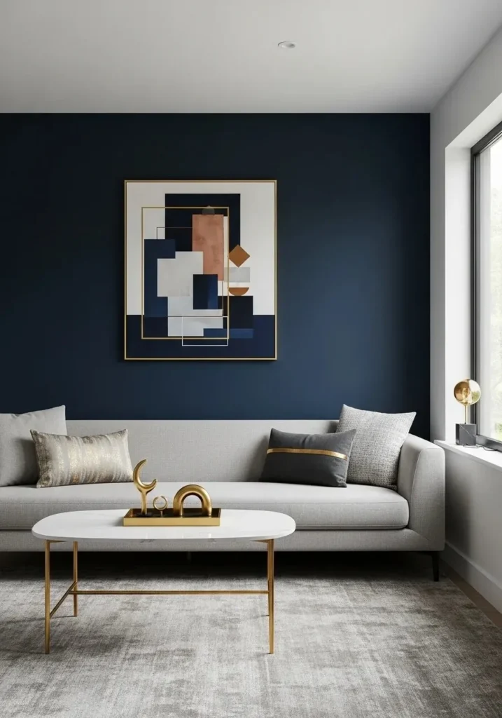 Living room featuring a deep navy accent wall with neutral furniture and gold accents.