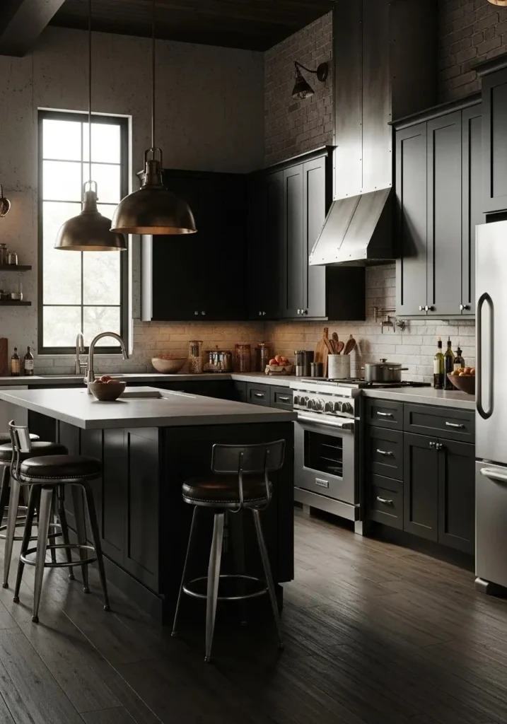 Dark charcoal kitchen cabinets with metallic hardware.