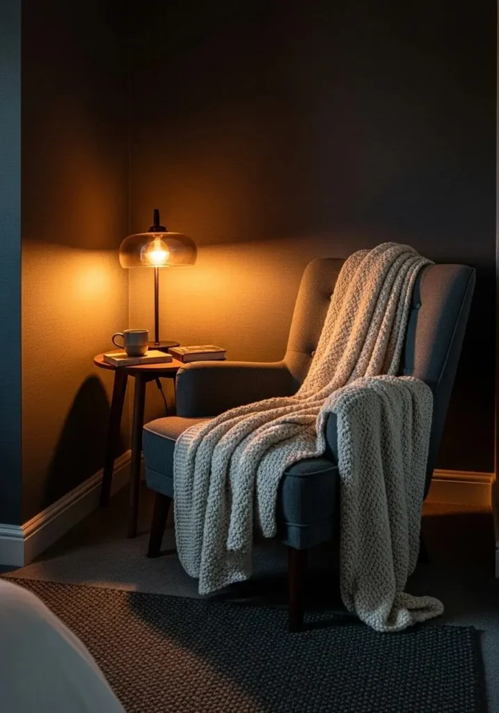 Cozy reading nook in a dark gray bedroom.