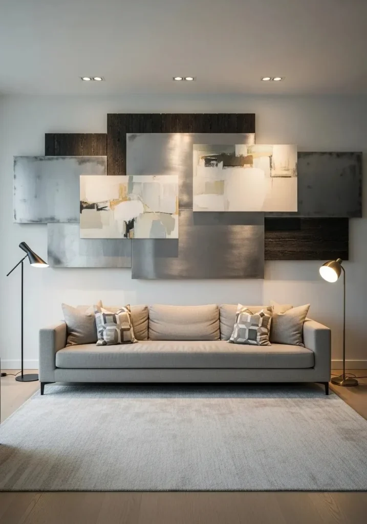 Mixed-media wall art adding texture and dimension to living room.