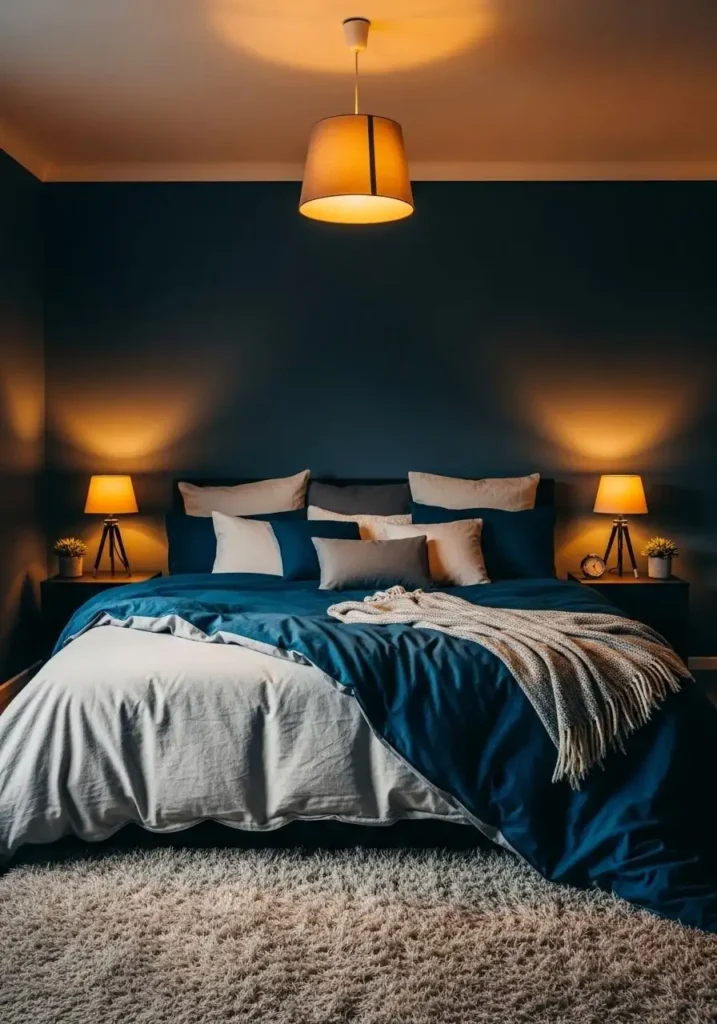 Deep blue bedroom with warm lighting creating a cozy and intimate retreat