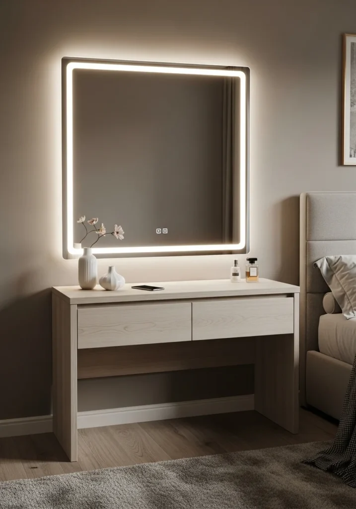 modern vanity LED backlit mirror bedroom stylish setup