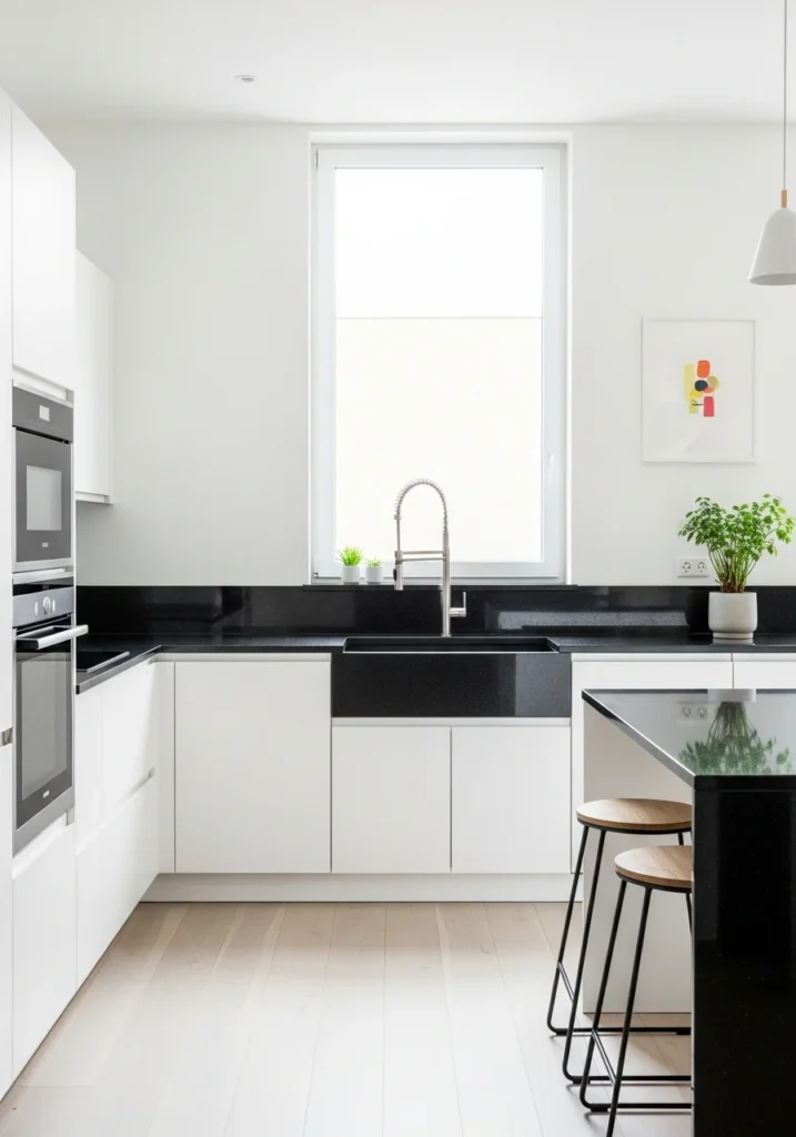 white cabinets with black countertops kitchen design