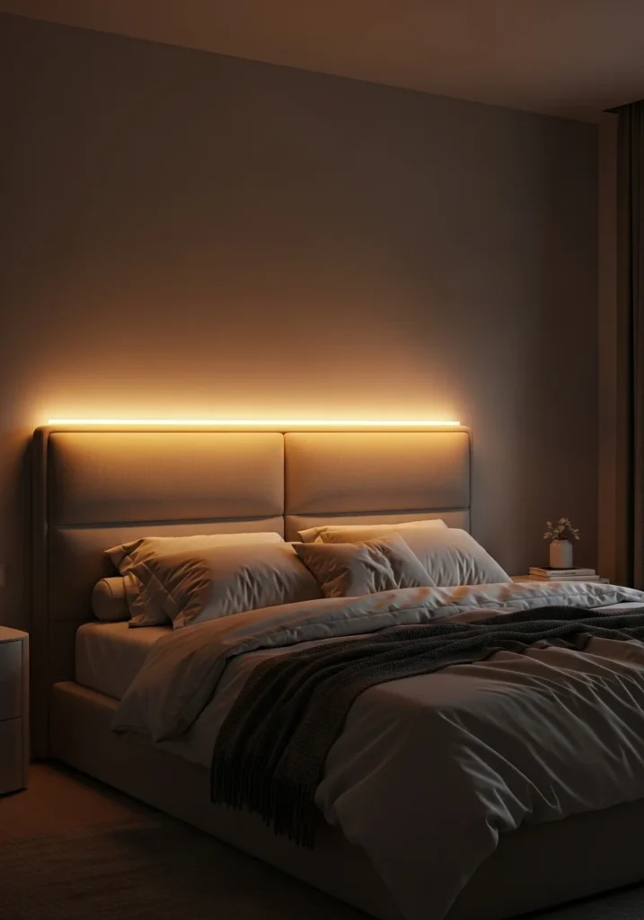 LED strip behind headboard creating soft cozy bedroom lighting