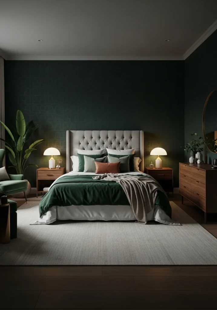 dark green wallpaper bedroom statement wall design