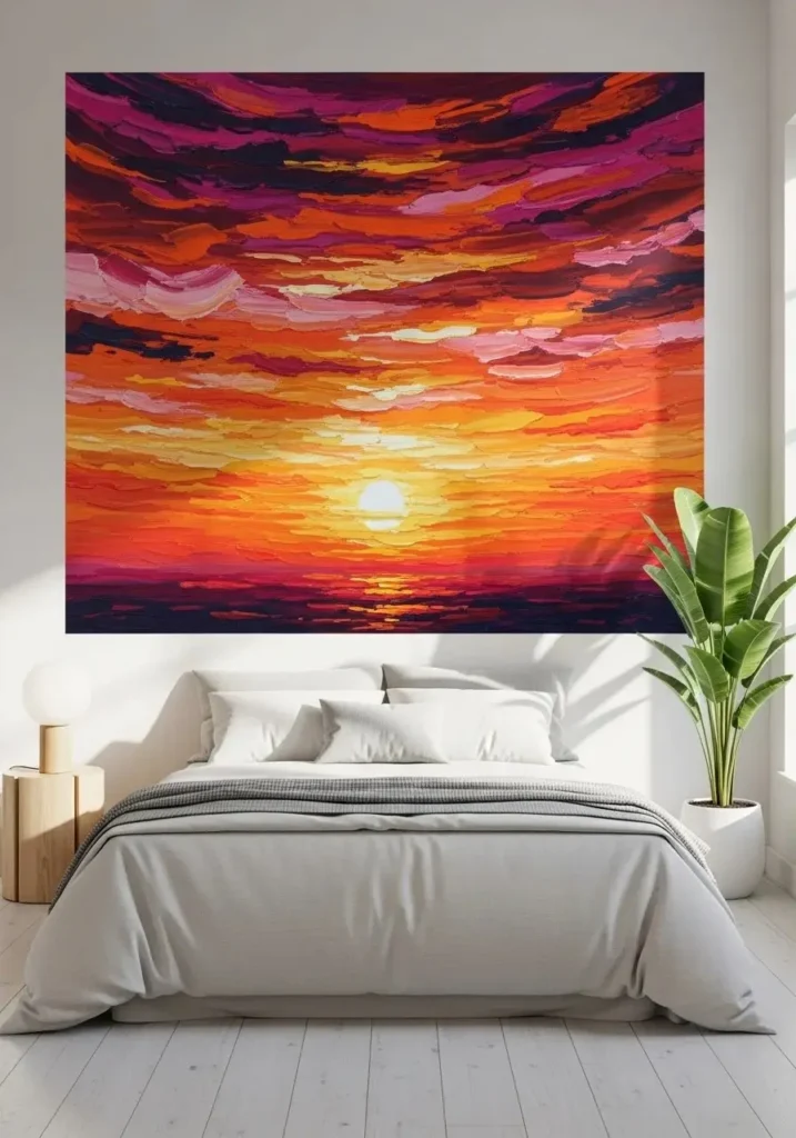 Bedroom with sunset-inspired wall art in orange, pink, and gold hues above the bed.