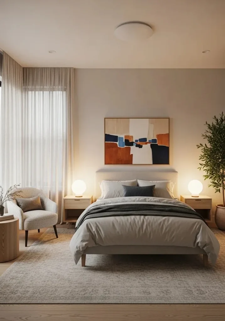 Blue area rug grounding a bedroom space with warmth and cohesive style