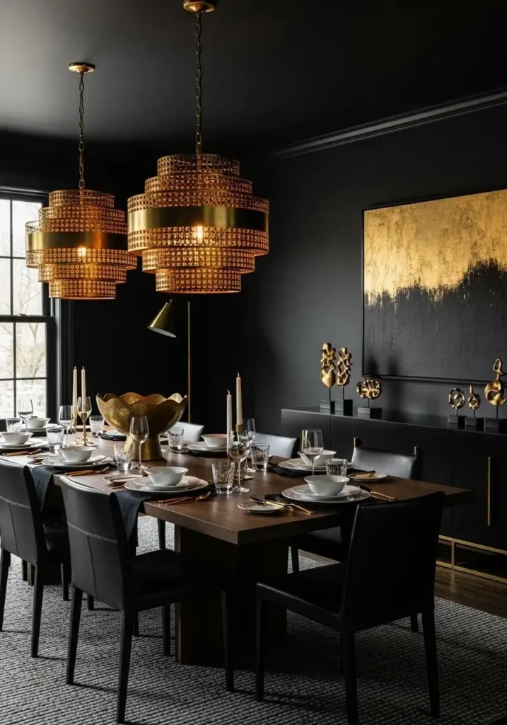 Black dining room with gold accents and lighting creating a luxurious elegant atmosphere.