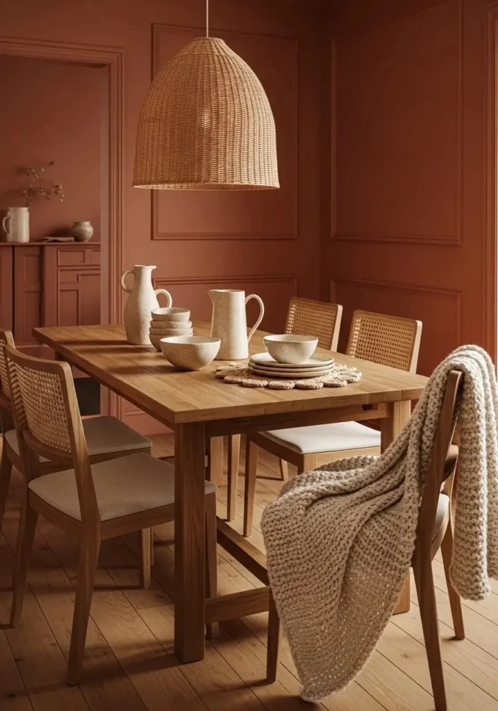 Warm clay color drenched dining room with earthy decor.