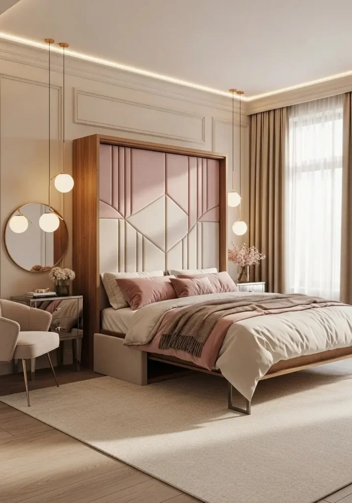 Murphy bed with upholstered panels creating a stylish padded wall feature.