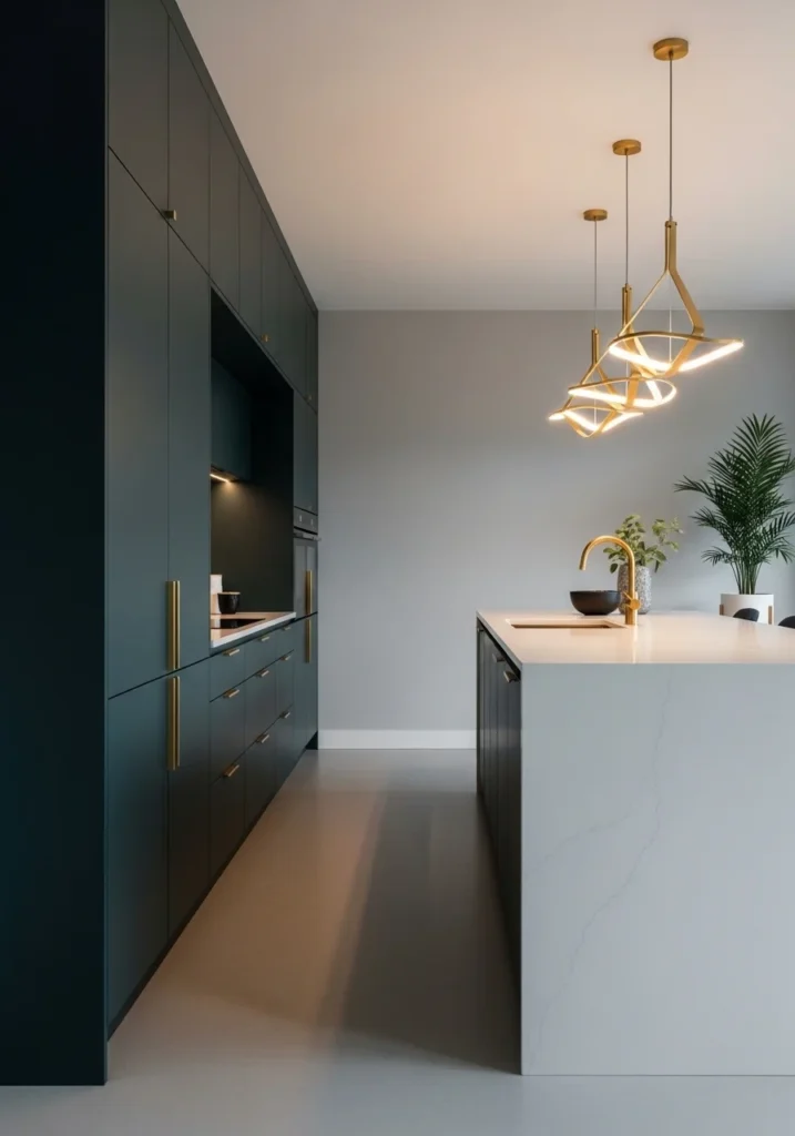 Bold one wall kitchen with contrasting island colors