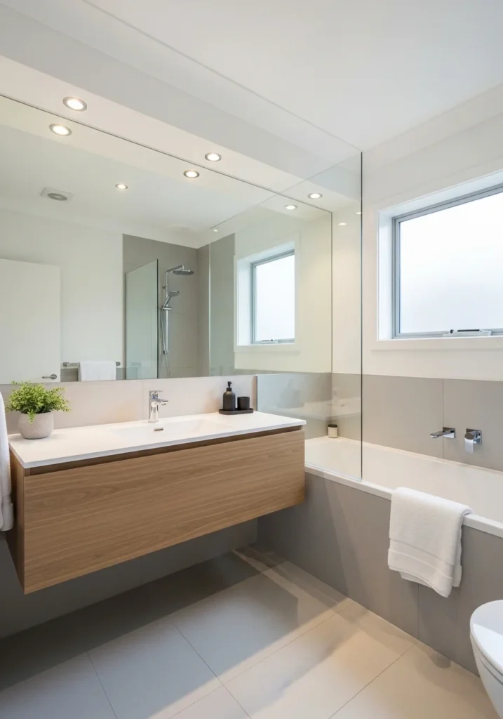 Large mirror making small bathroom with tub look bigger