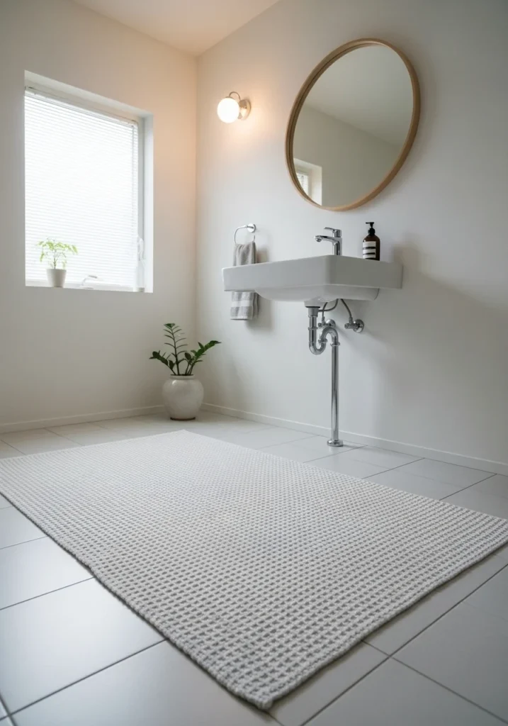 Cotton waffle weave bathroom rug with soft textured pattern