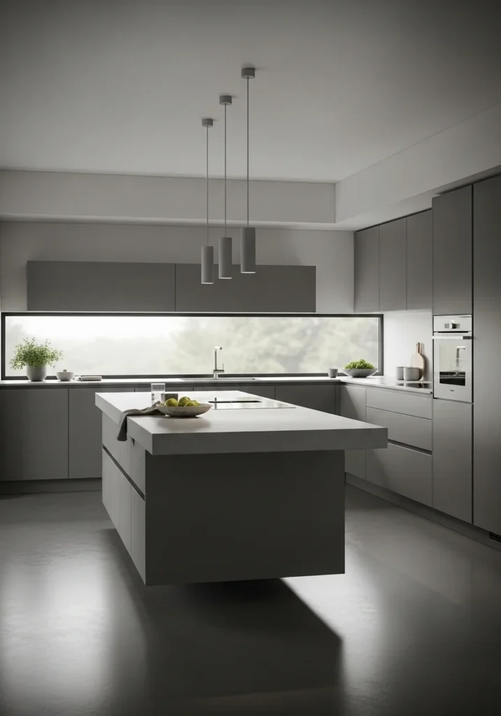 Sleek grey U-shaped kitchen with floating island and minimalist design.