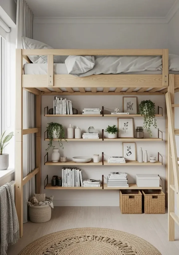 Loft bed with floating shelves underneath, decorated with books and small decor.