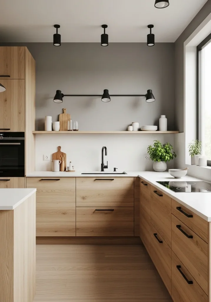 Japandi kitchen with matte black accents adding subtle contrast and depth.