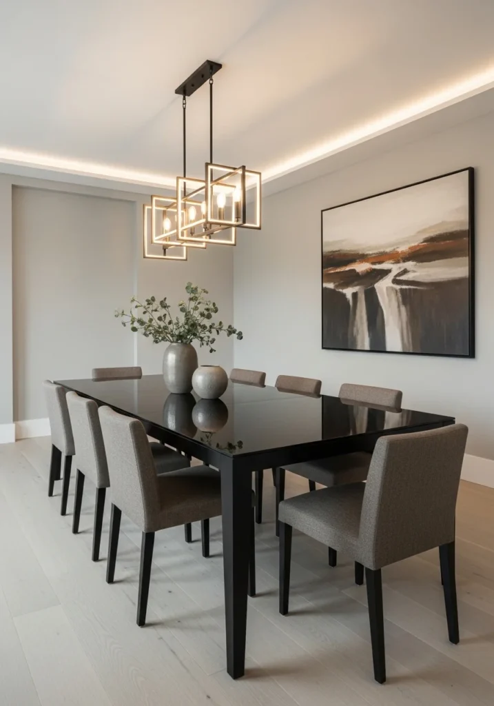 Glossy black dining table with modern chandelier creating a luxurious dining room feel.