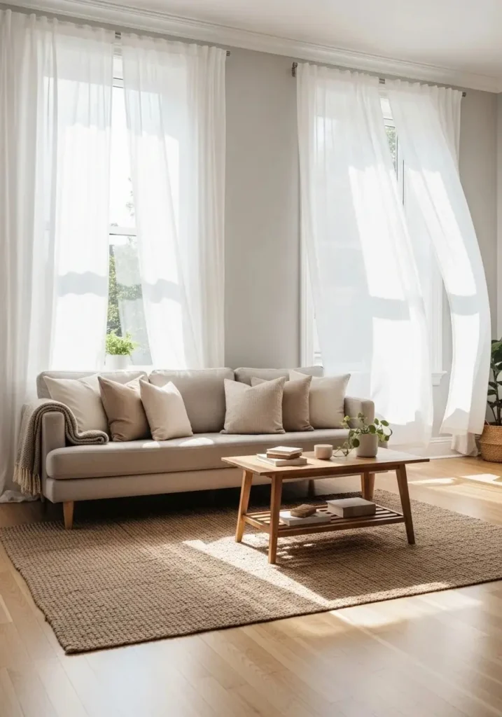 Apartment living room with sheer curtains letting in natural light.