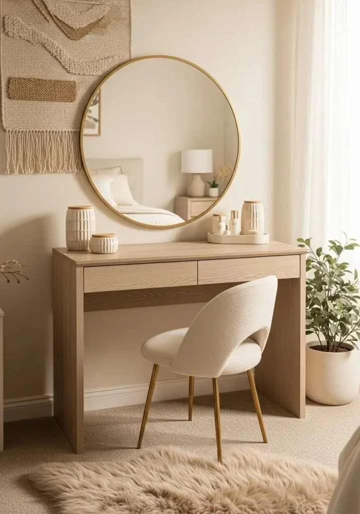 neutral vanity bedroom calm cozy decor idea