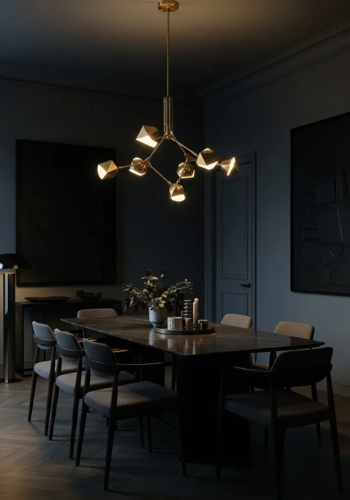 Moody dining room with a bold statement pendant light.