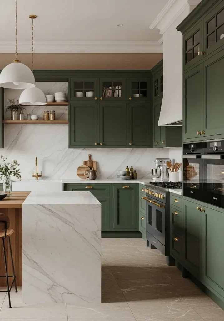 Luxurious U-shaped kitchen with forest green cabinets and marble island.