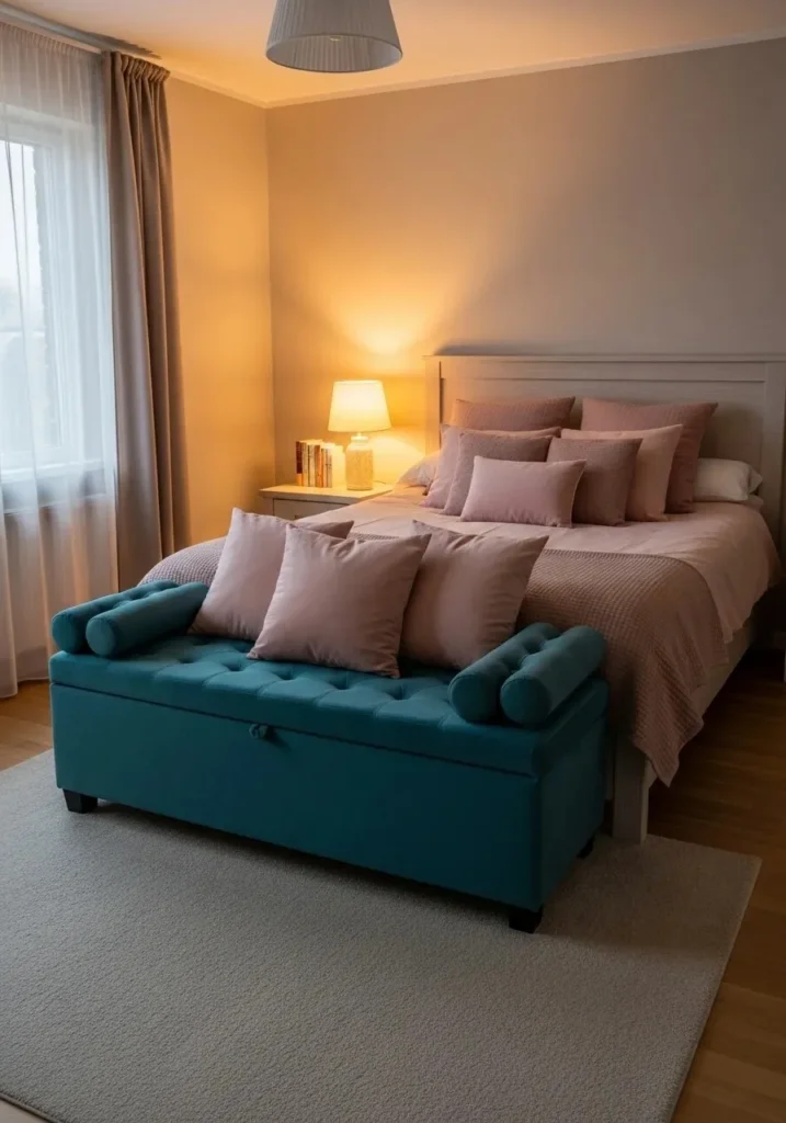Teal bench with blush accents