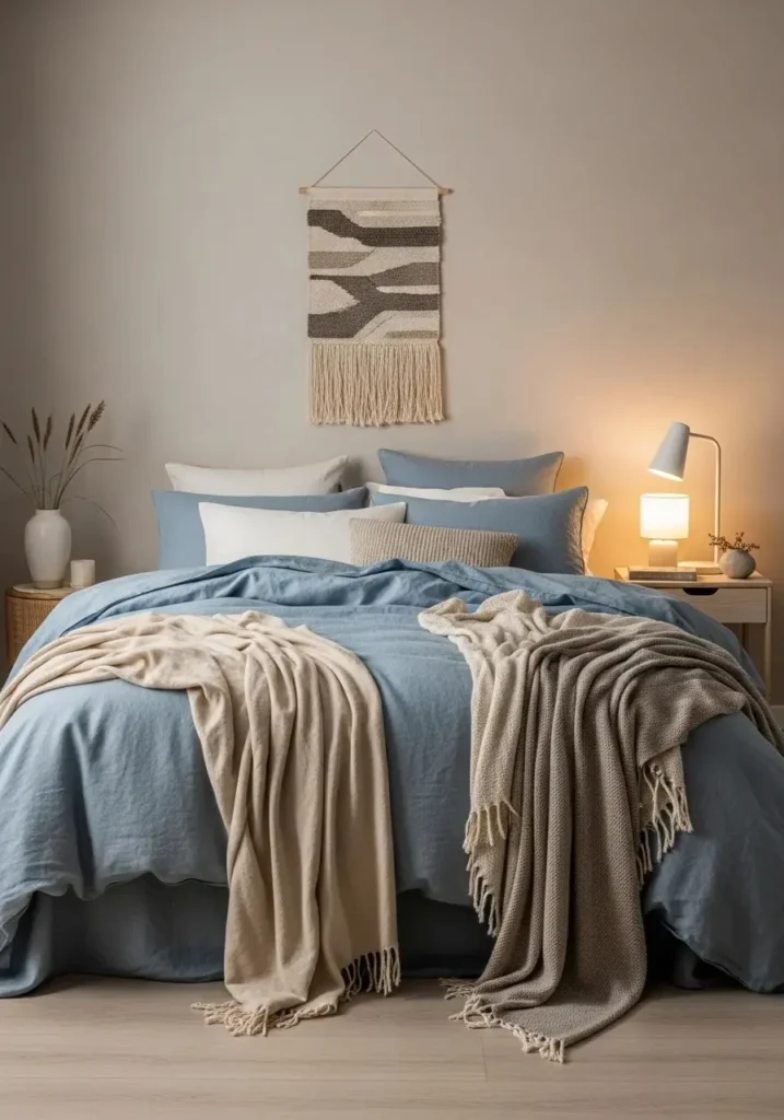 Dusty blue bedding layered with soft textures for a cozy and elegant bedroom look