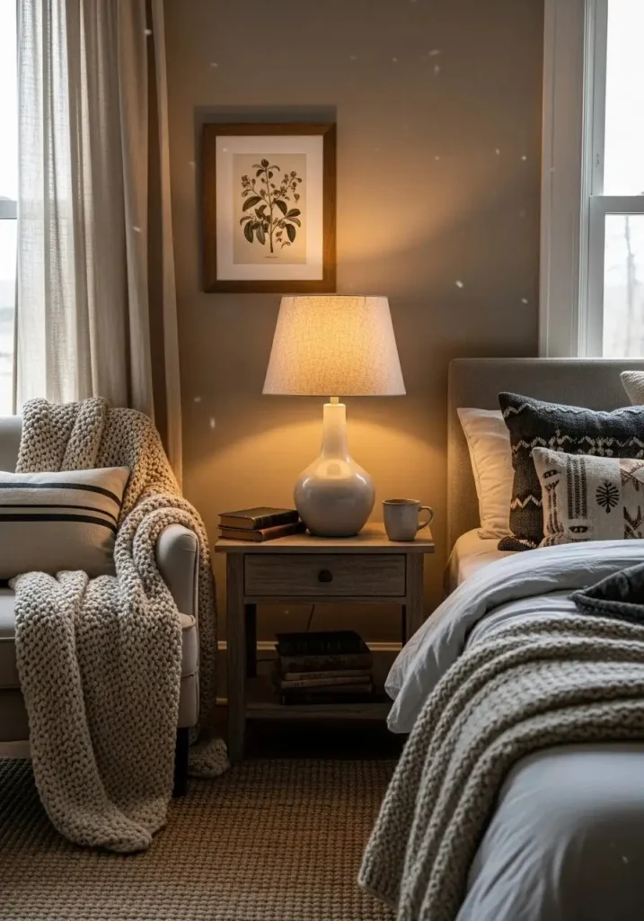 Table lamp with soft fabric shade casting warm glow in cozy bedroom corner