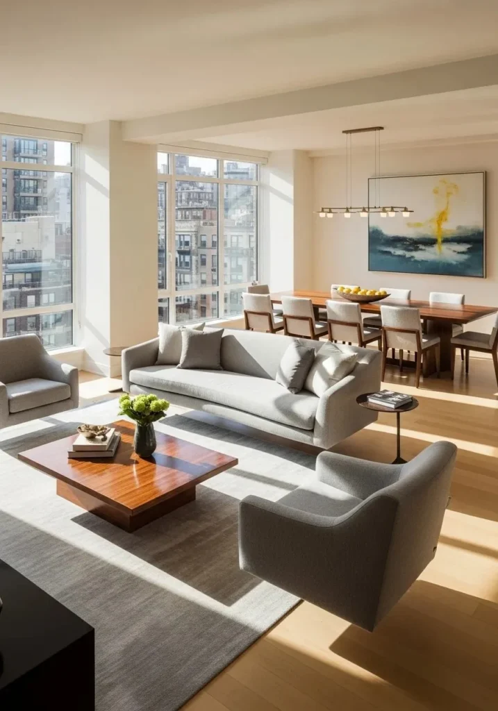 Floating furniture layout in living room dining room combo