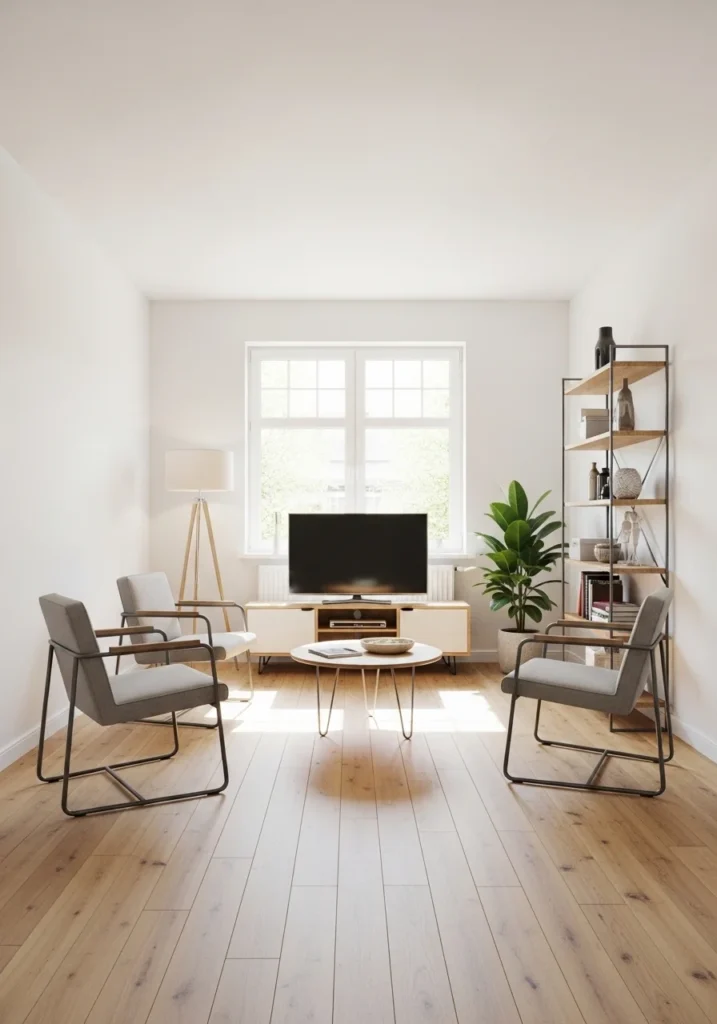Small apartment living room with open-leg furniture design.