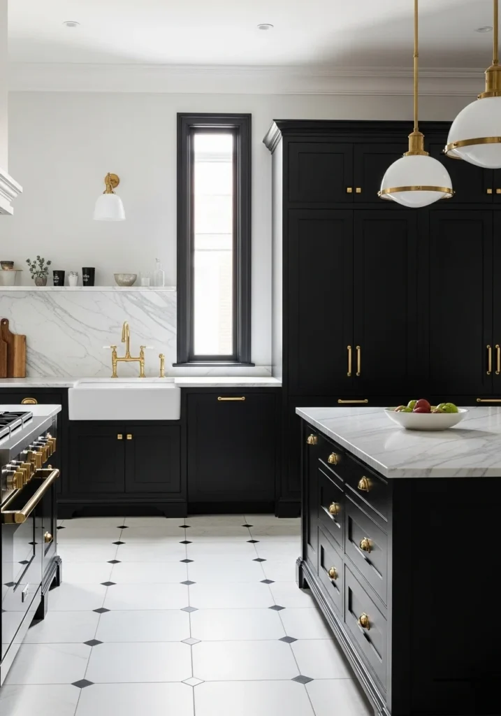 black and white countertops kitchen with brass accents