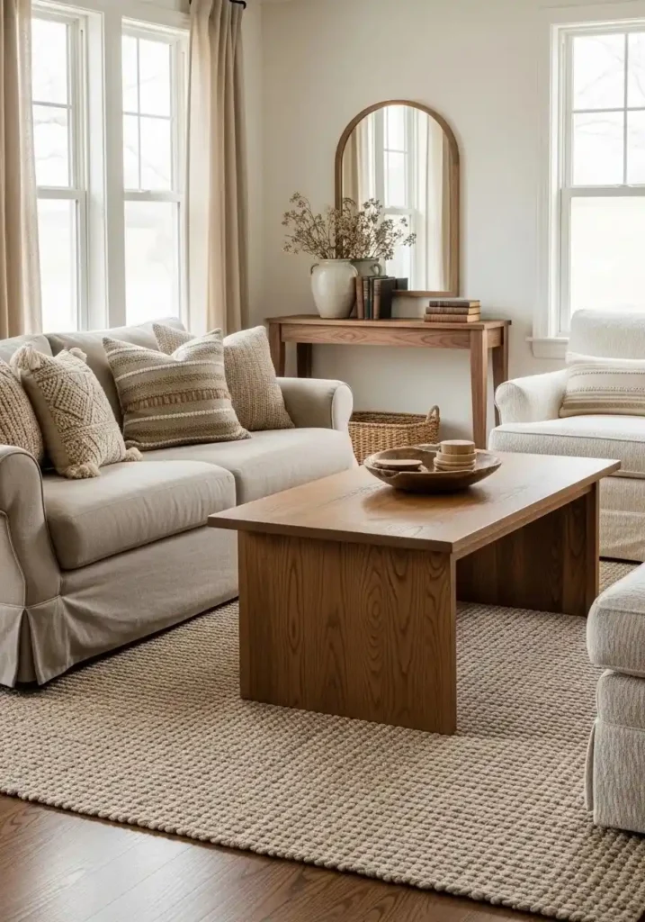 mixed wood tones farmhouse living room