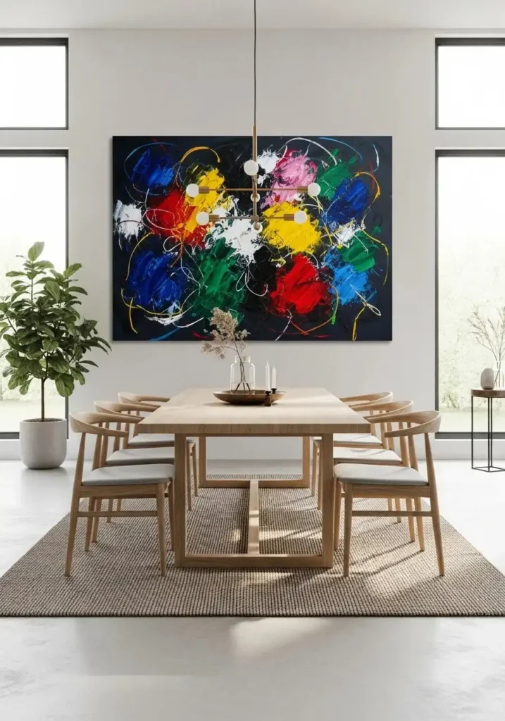 Dining room featuring colorful artwork as a focal point.