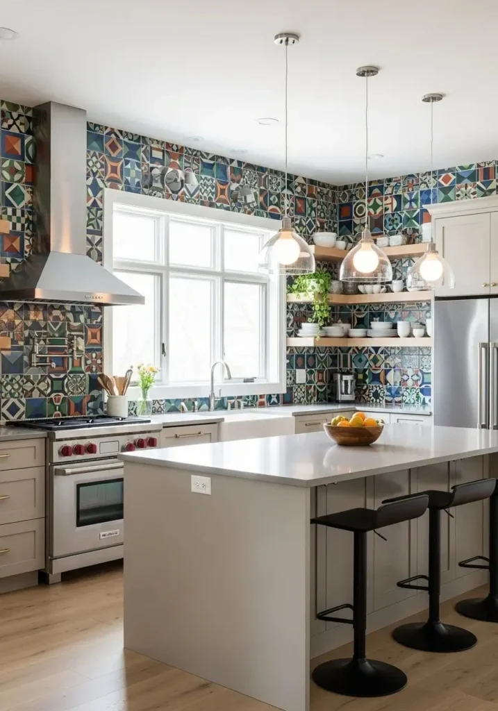 U-shaped kitchen with bold patterned tile backsplash and neutral island.