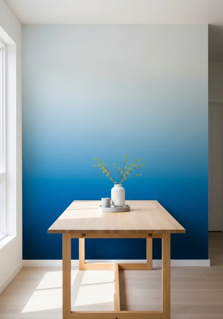 Ombre blue walls in dining room with minimalist décor and wooden table.