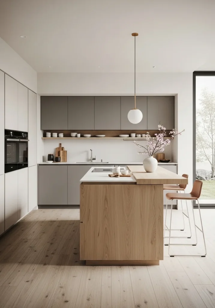 Japandi kitchen with clean lines and handleless cabinets for a sleek minimalist look.