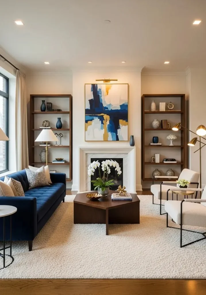 luxury living room with navy sofa and light walls color contrast
