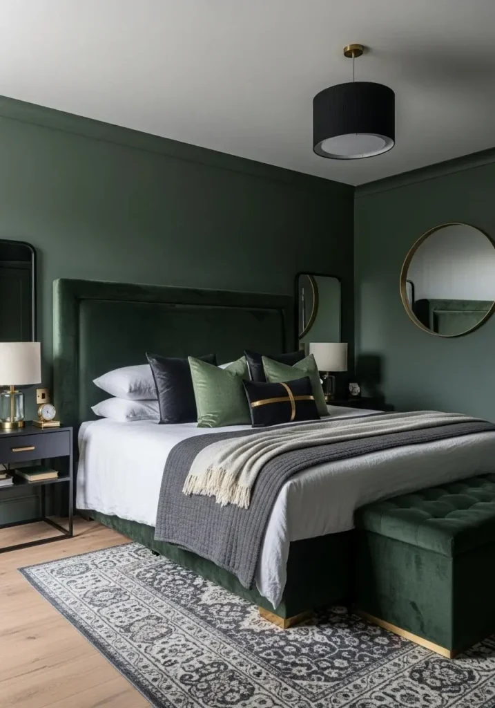 dark green bedroom brass lighting warm cozy design