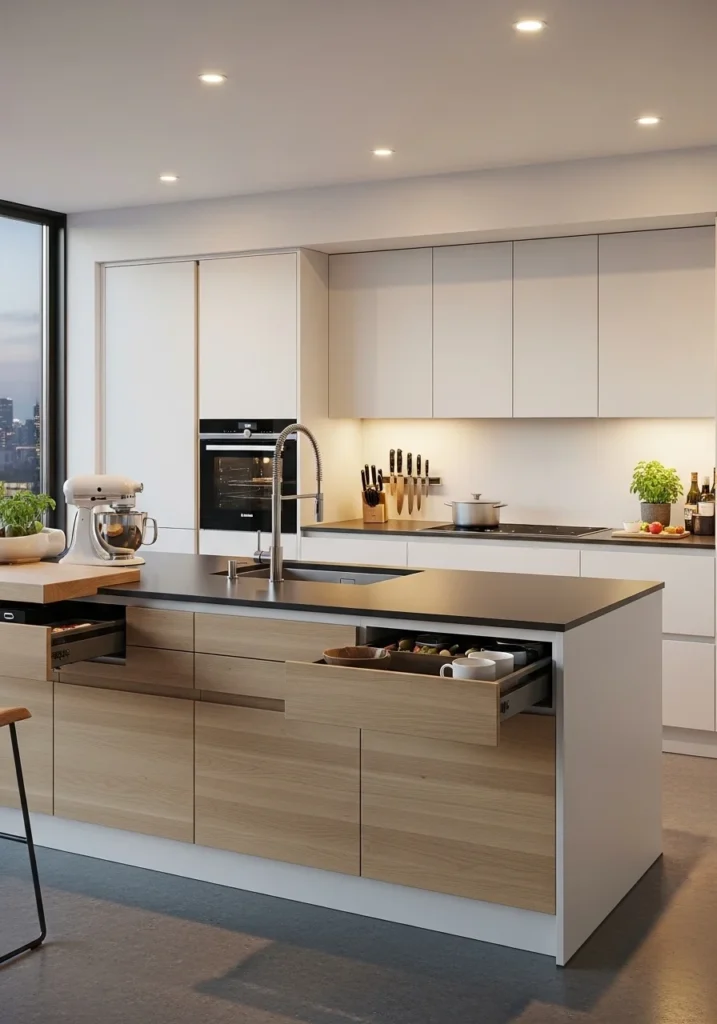 One wall kitchen with island and hidden storage