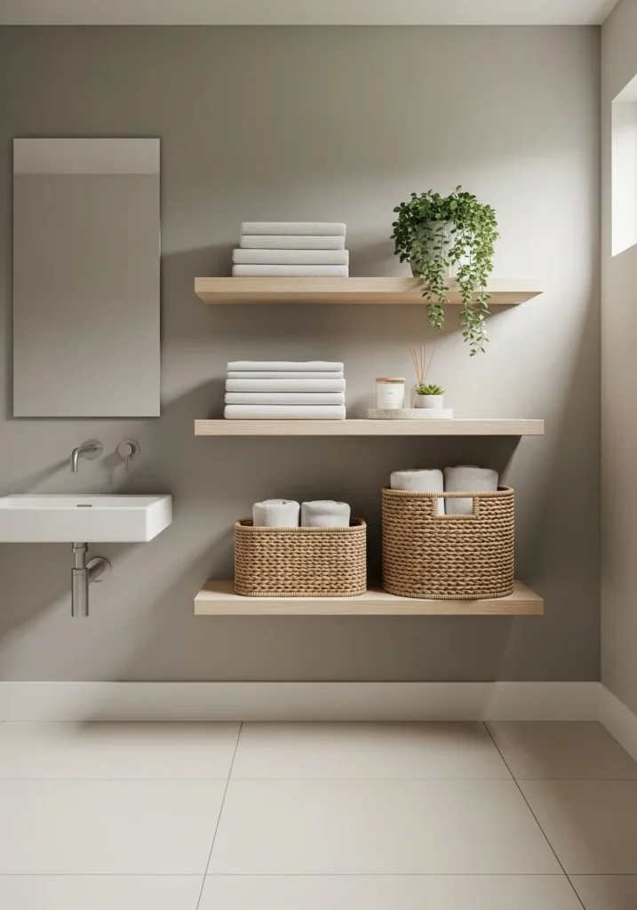 bathroom open shelving storage with towels and decor