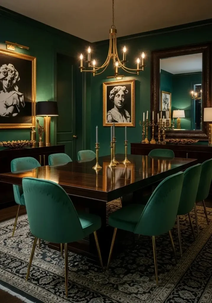 Emerald green color drenched dining room with velvet chairs.