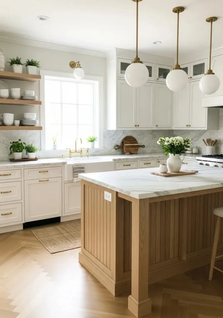 Bright kitchen with classic white cabinets and brass hardware.
