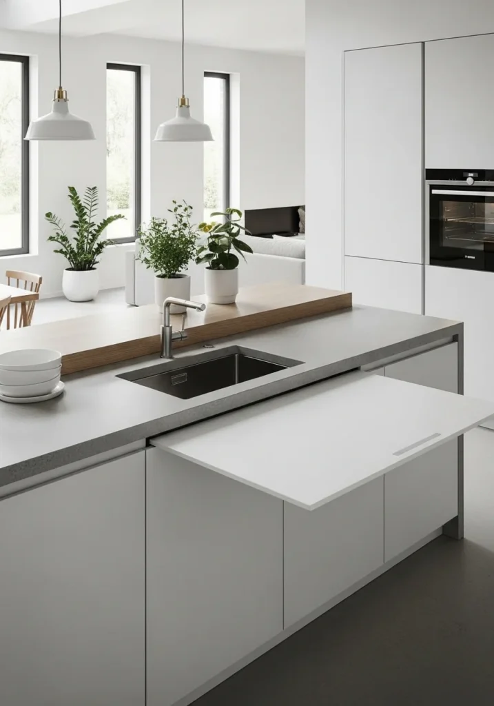 Hidden sink kitchen island with cover panel for clean countertop