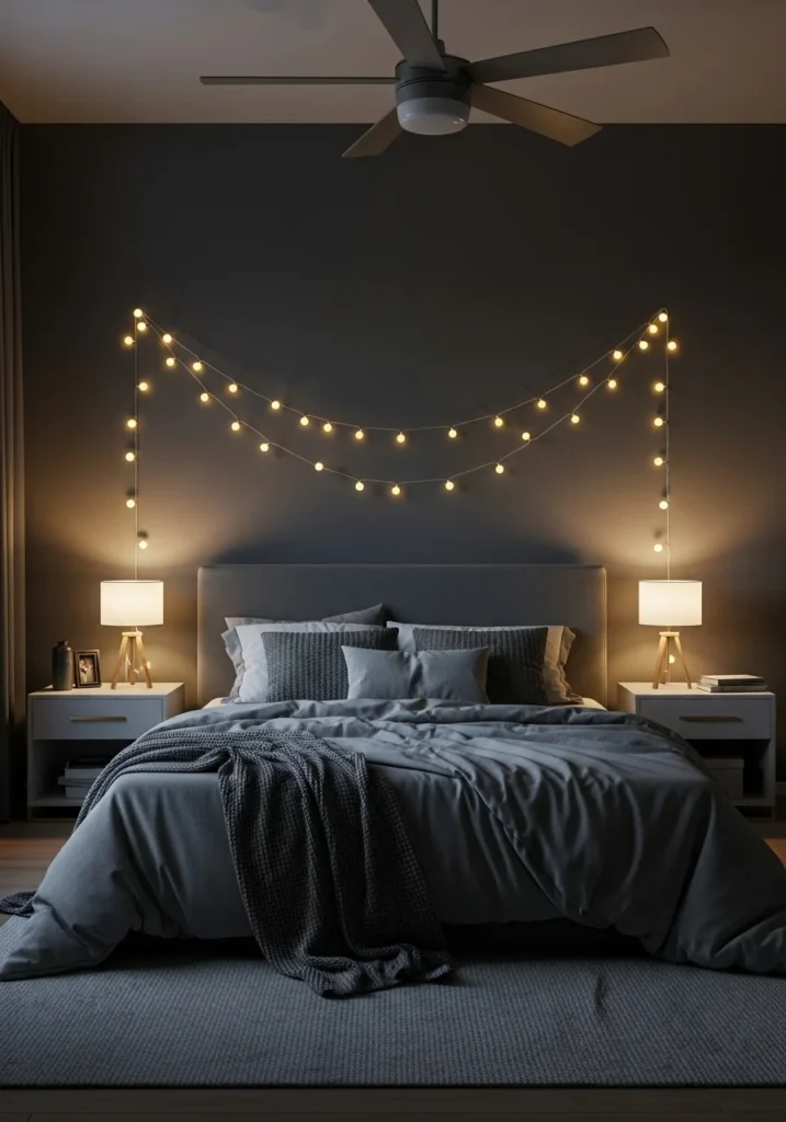 Dark gray bedroom with warm layered lighting.