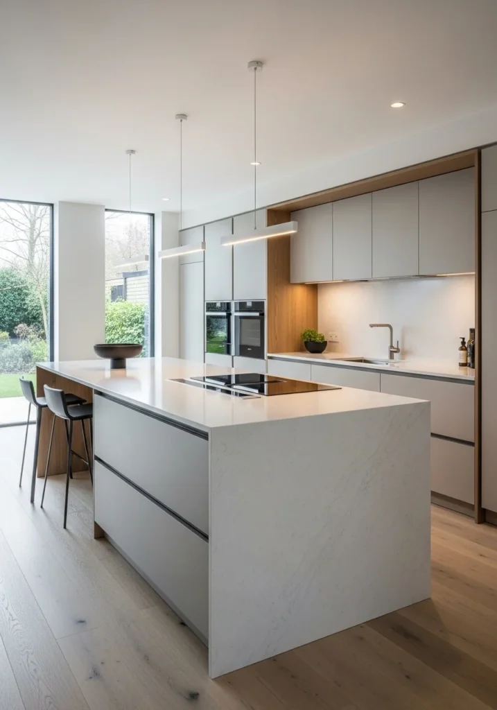 quartz waterfall island kitchen durable modern design